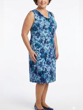 2x Plus Size Sleeveless Blue Printed Sheath Dress Summer